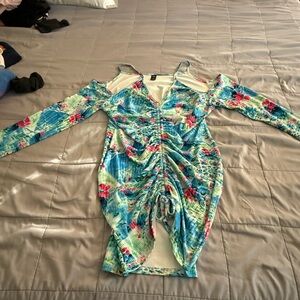 Blue Green Bodycon Cocktail Dress with Cold Shoulder